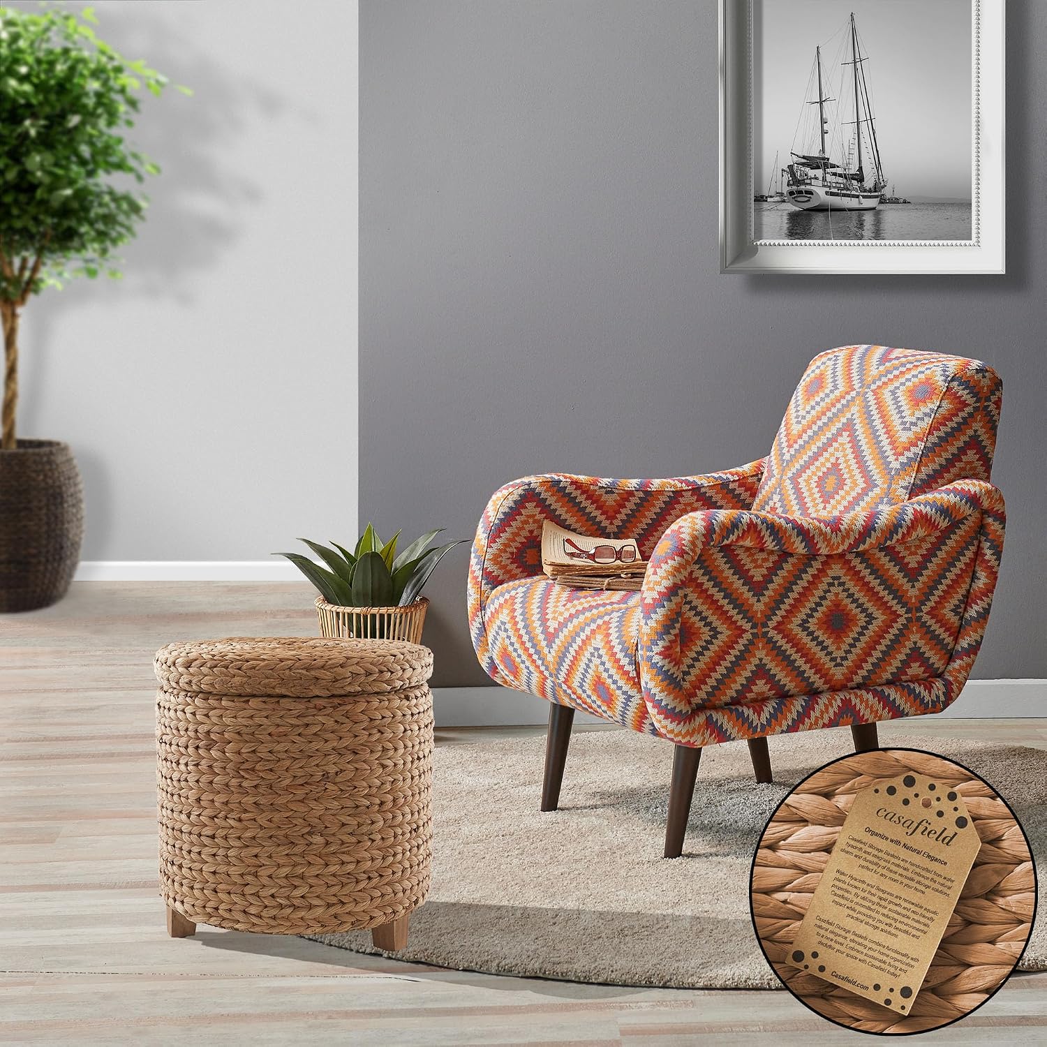 Casafield 17" Round Storage Ottoman with Lid - Cinnamon, Handwoven Water Hyacinth Footstool for Living Room, Bedroom, Bathroom, Home Office