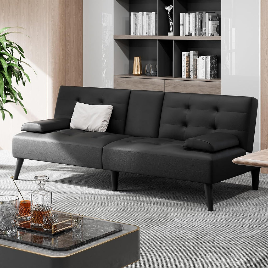 Shintenchi Futon Sofa Bed, Leather Foldable Futon Couch, Reclining Sleeper with Removable Armrests, Upholstered Loveseat Sofa Couch with Folding Cup Holders for Home, Office(Black)