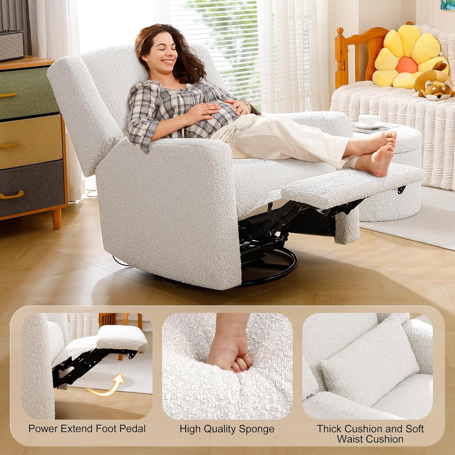 Power Nursery Rocking Chairs Set of 2, Skin-Friendly Teddy Fabric Nursery Recliner Chair Swivel Gilder, Power Nursing Chair for Adults with Waist Pillow, USB Charging,Beige