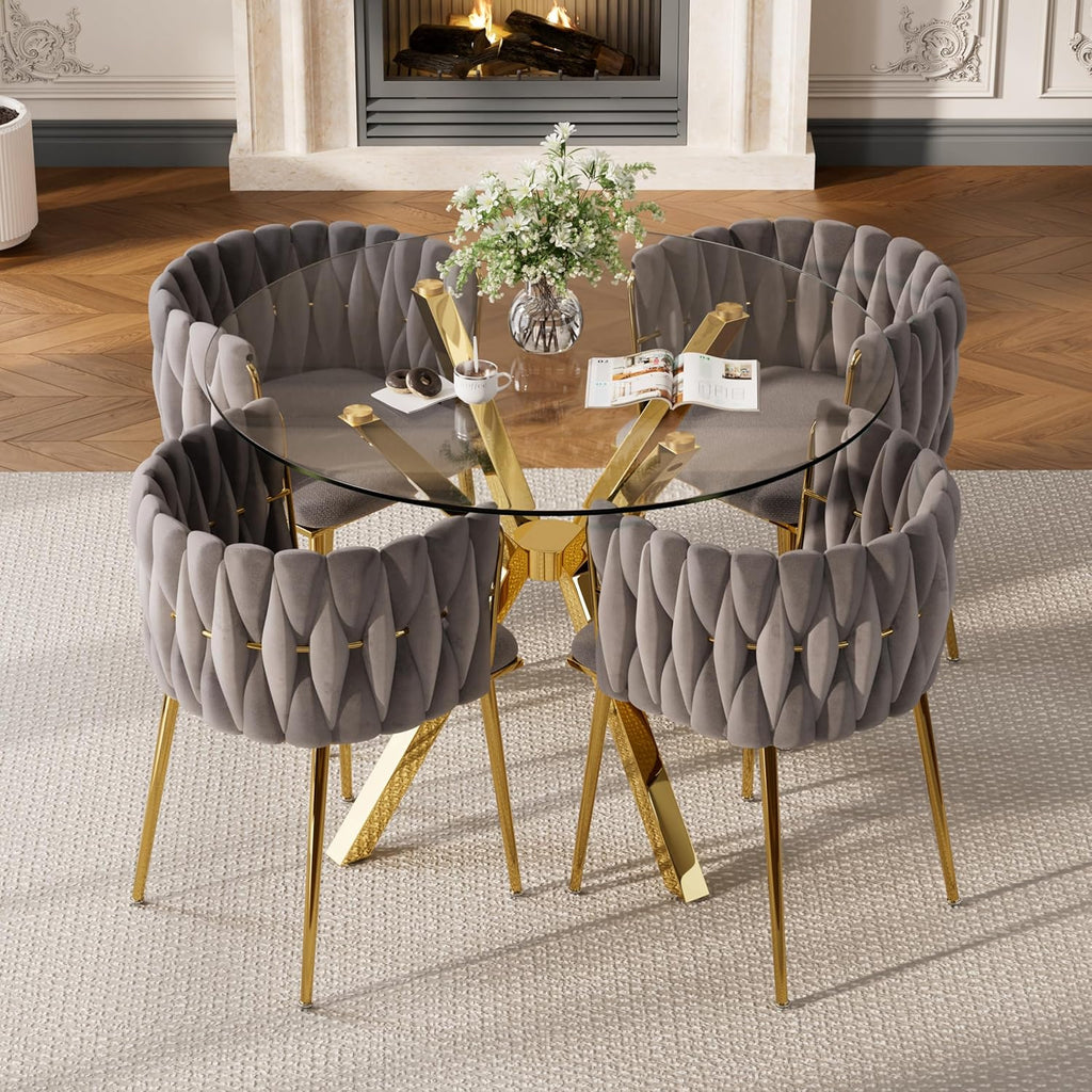 Baysitone Modern 5-Piece Dining Set with 36" Round Glass Table & 4 Woven Velvet Upholstered Dining Chairs, Gold Metal Table Legs, Kitchen & Dining Room Furniture for Small Spaces(Gray&Gold)