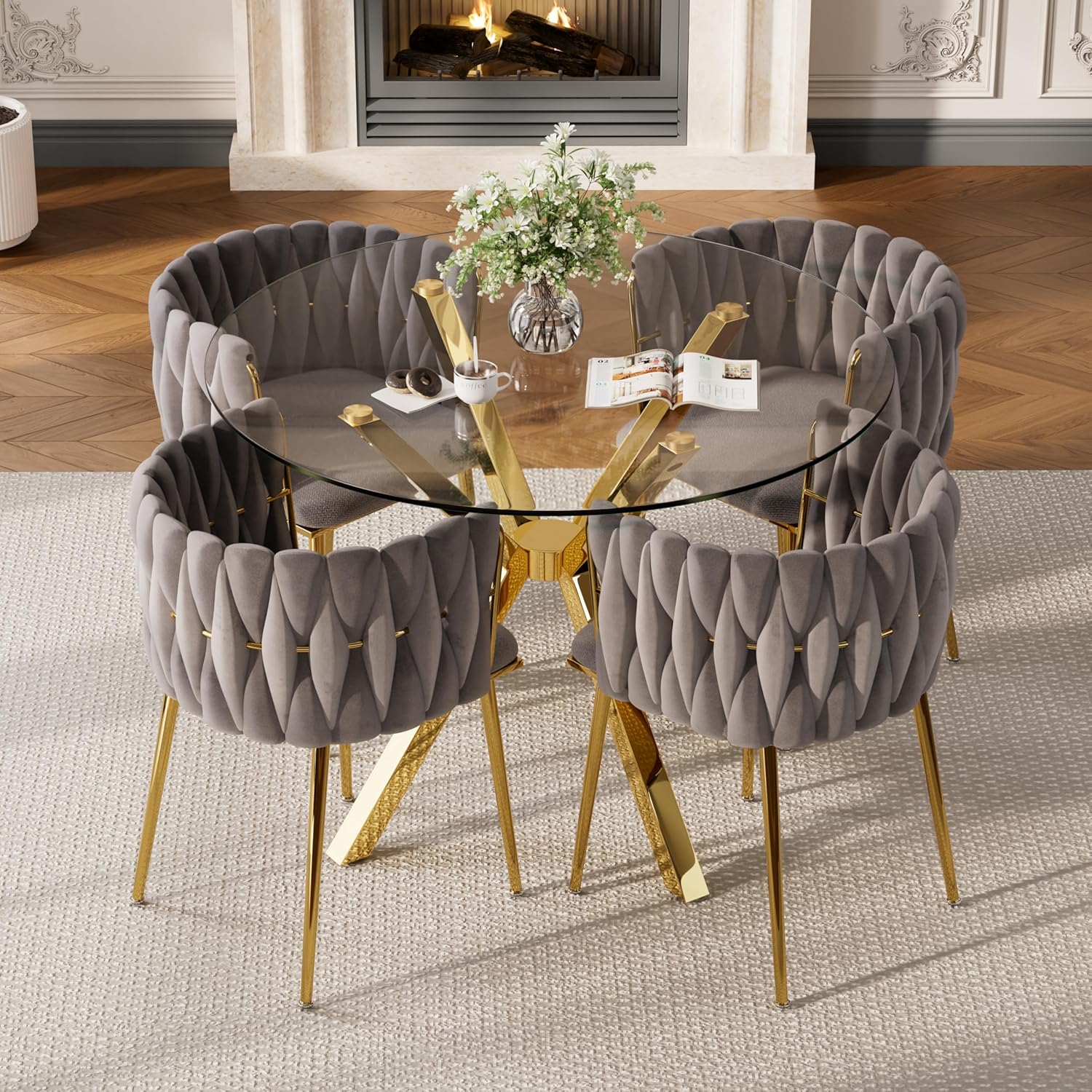 Baysitone Modern 5-Piece Dining Set with 36" Round Glass Table & 4 Woven Velvet Upholstered Dining Chairs, Gold Metal Table Legs, Kitchen & Dining Room Furniture for Small Spaces(Gray&Gold)