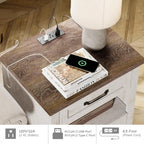 WAMPAT Set of 2 End Tables Nightstands with Charging Station, Sofa Side Tables for Living Room with Drawers & Shelf, Farmhouse Night Stand Wooden Bedside Table for Bedroom, Antique White