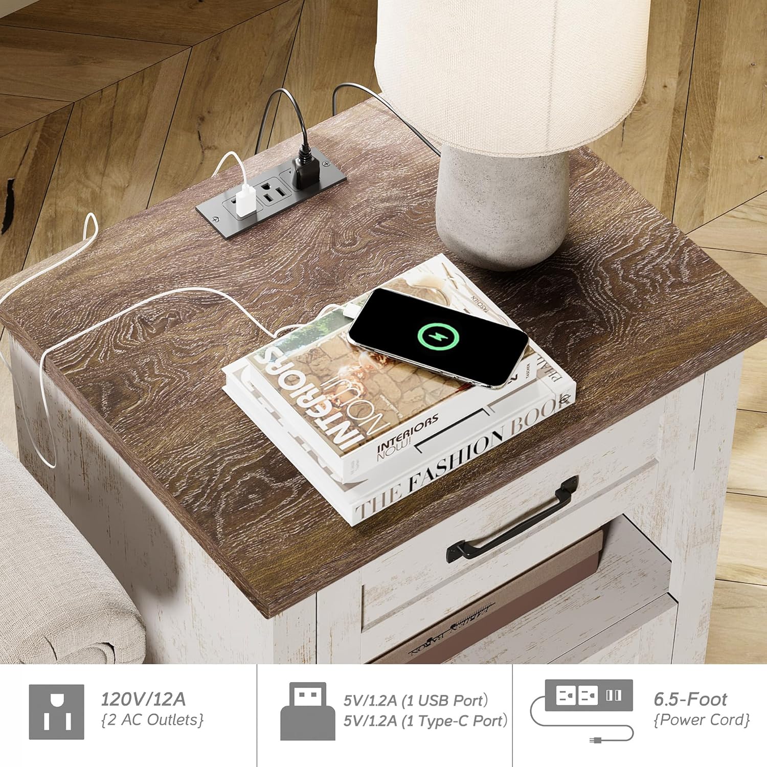 WAMPAT Set of 2 End Tables Nightstands with Charging Station, Sofa Side Tables for Living Room with Drawers & Shelf, Farmhouse Night Stand Wooden Bedside Table for Bedroom, Antique White