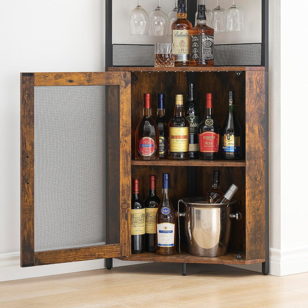 Amyove Corner Wine Bar Cabinet with Detachable Wine Rack, Industrial Wine Cabinet with Glass Holder, Small Sideboard and Liquor Coffee Bar Cabinet with Mesh Door, ‎Retro Brown