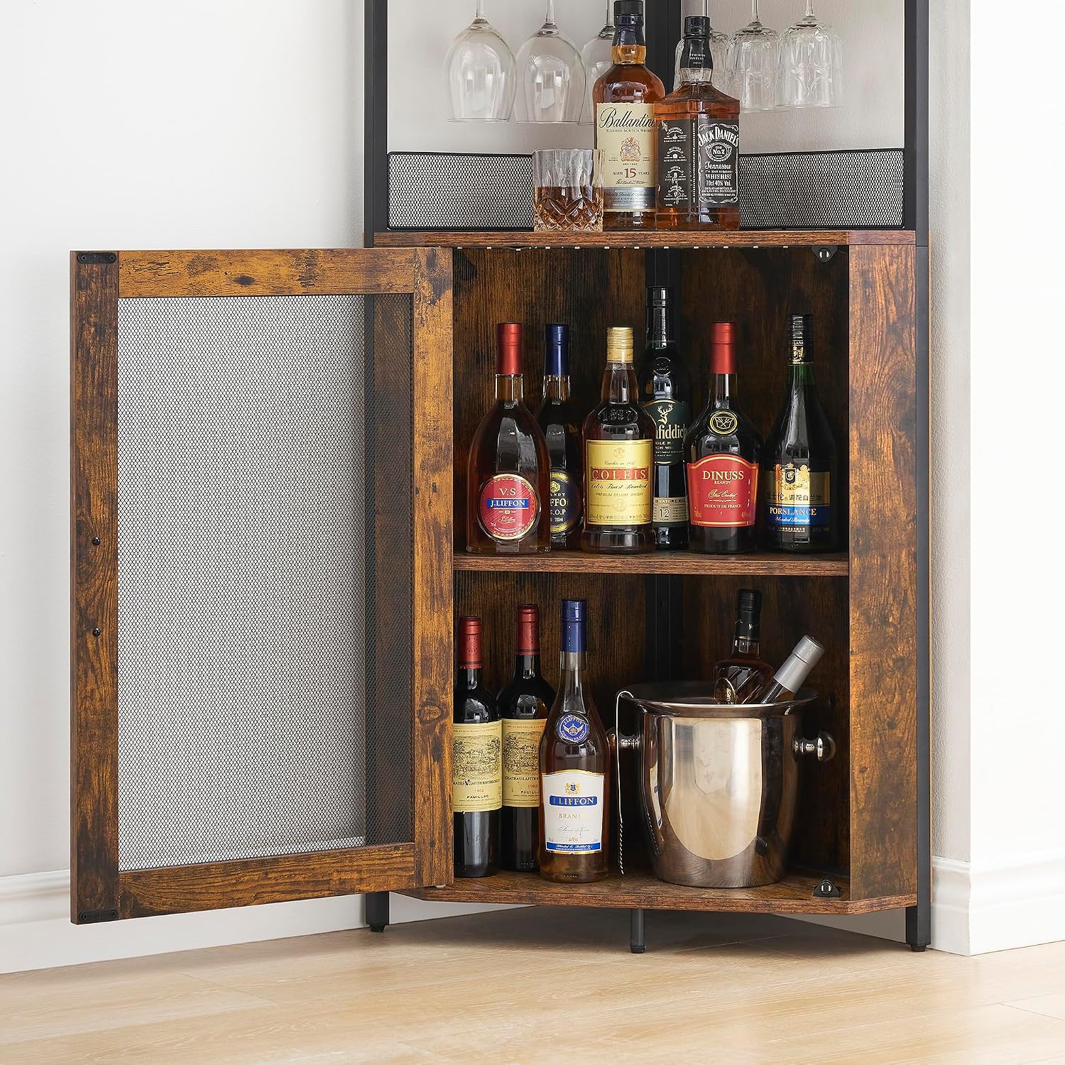 Amyove Corner Wine Bar Cabinet with Detachable Wine Rack, Industrial Wine Cabinet with Glass Holder, Small Sideboard and Liquor Coffee Bar Cabinet with Mesh Door, ‎Retro Brown