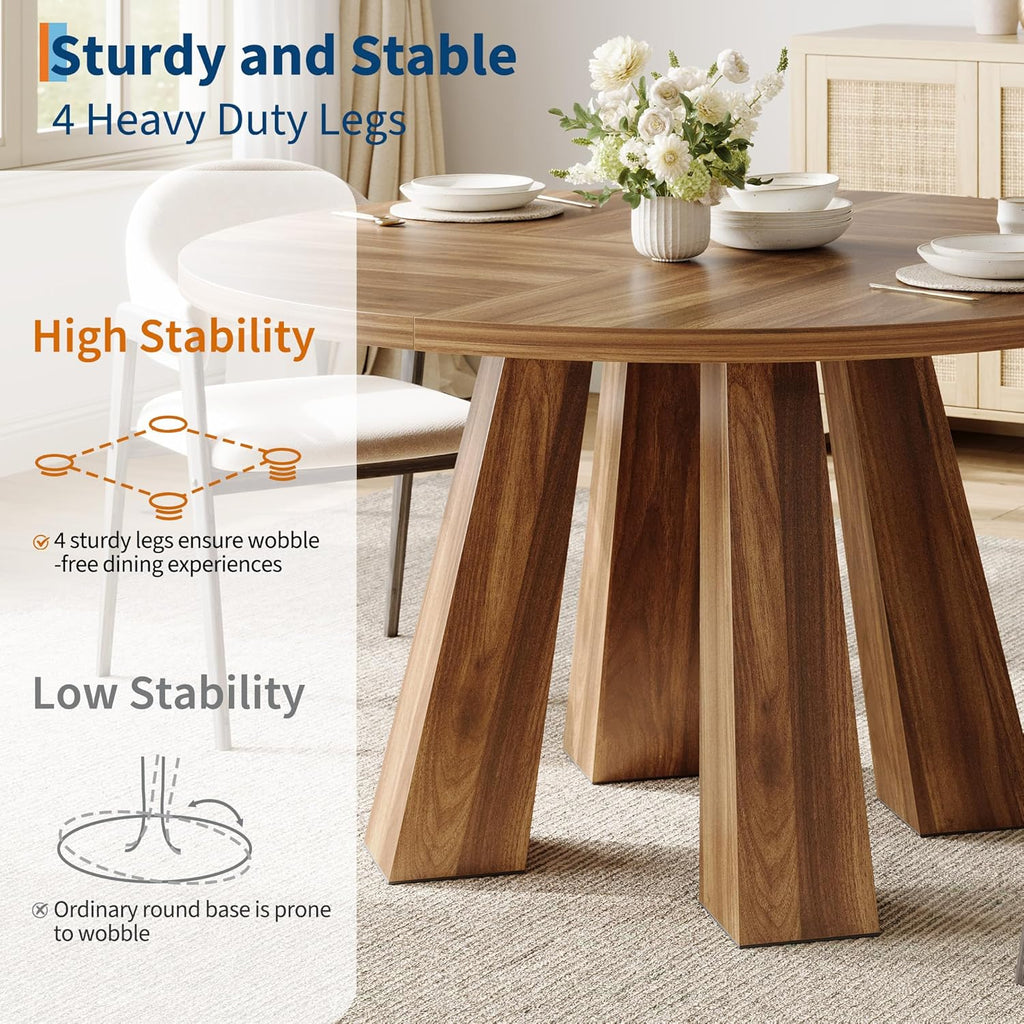 47 Inch Round Farmhouse Dining Table for 4-6, Heavy-Duty 4-Leg Sturdy Wood Kitchen Table, Walnut Circle Dinner Table Ideal for Dining Room & Living Room