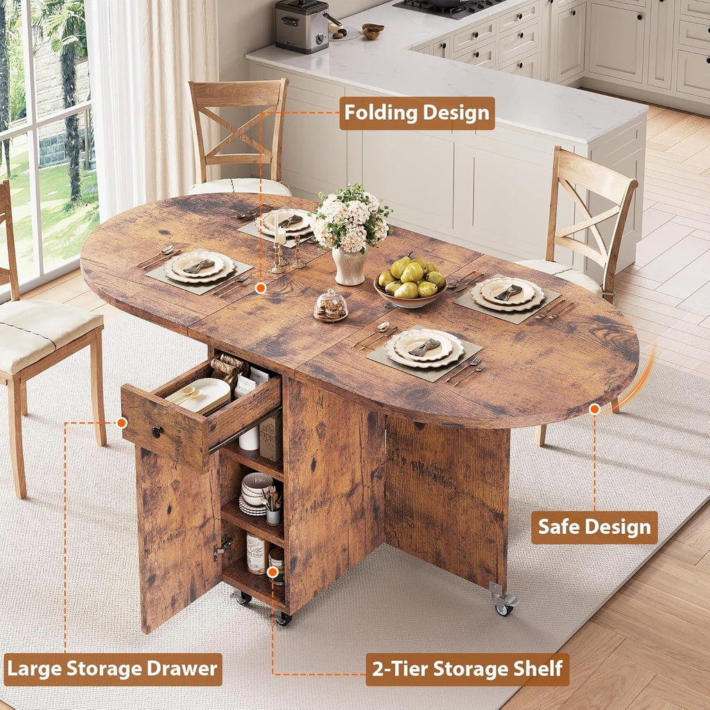 Jocoevol Round Folding Dining Table for 6, Space Saving Drop Leaf Kitchen Table with Storage Drawer, 6 Wheels Oval Gateleg Foldable Dining Table for Small Spaces (Vintage, 51" x 31.5" x 30")