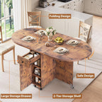 Jocoevol Round Folding Dining Table for 6, Space Saving Drop Leaf Kitchen Table with Storage Drawer, 6 Wheels Oval Gateleg Foldable Dining Table for Small Spaces (Vintage, 51" x 31.5" x 30")