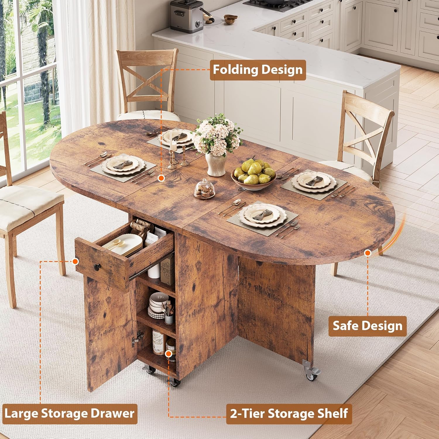Jocoevol Round Folding Dining Table for 6, Space Saving Drop Leaf Kitchen Table with Storage Drawer, 6 Wheels Oval Gateleg Foldable Dining Table for Small Spaces (Vintage, 51" x 31.5" x 30")