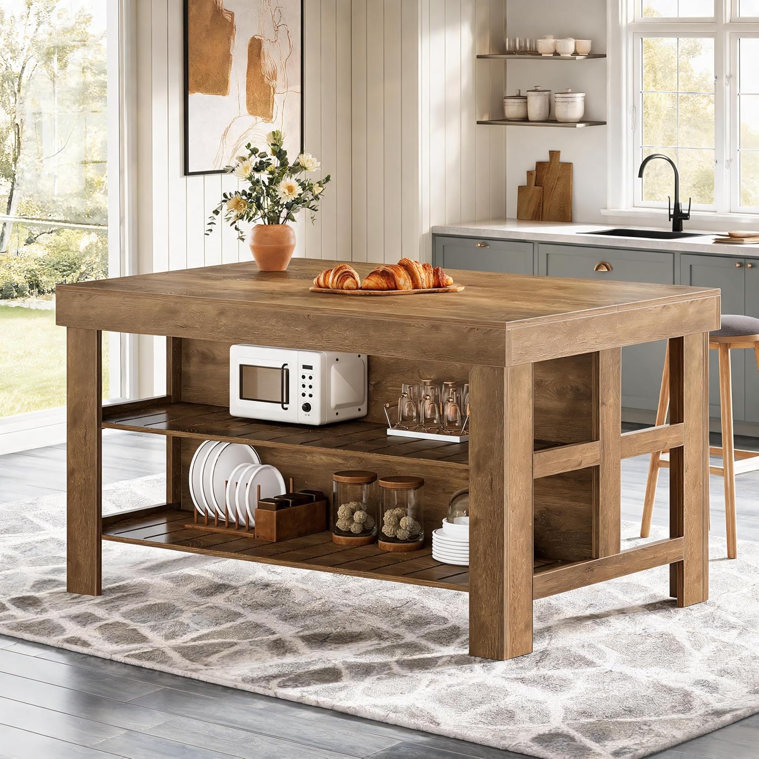 Tribesigns 55.1-Inch Kitchen Island with Seating and Storage, 3-Tier Large Farmhouse Island Table with Large Countertop and Leg Room for Kitchen Dining Room (Rustic Brown)
