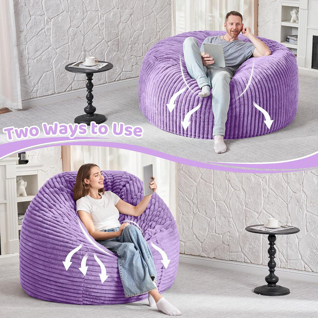 HABUTWAY 3FT Bean Bag Chair, 3' Large Bean Bag Chairs for Adults with Stripe Plush Cover, Memory Foam Beanbag Chair for Living Room Bedroom Dorm，Purple