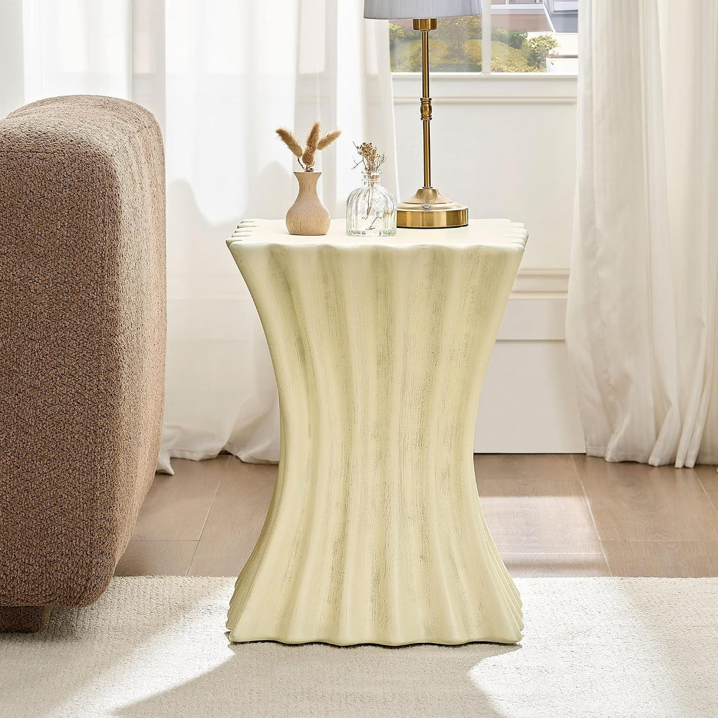 15.16" Square Sofa Side Table with Creative Wavy/Scallop Edge Design, Modern Creative Couch End Table Nightstand for Living Room Apartment Bedroom, No Need Assembly, (Fiberglass, Beige)