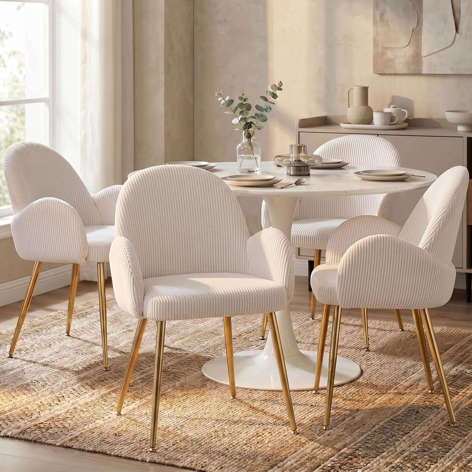 Corduroy Dining Chairs Set of 4, Ergonomic Curved Backrest Armchair with Gold Legs, Elegant Ribbed Upholstery Side Chairs for Glam Living Room & Dining, Cream White