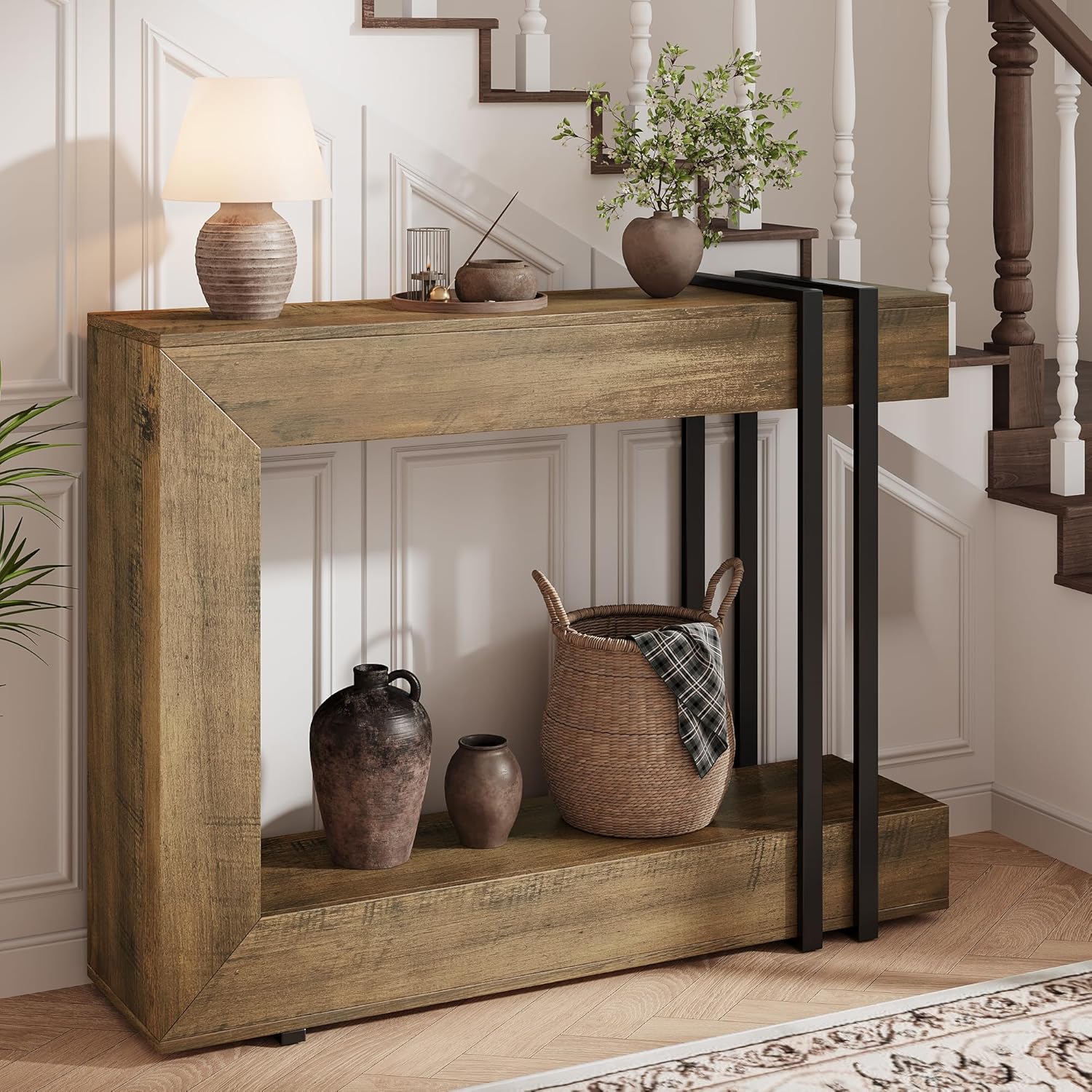 iPormis 42.5-Inch Console Table for Entryway, 2-Tier Sofa Table Behind Couch, Wood Entry Table with Storage & Metal Lines Base for Living Room, Hallway, Foyer, Rustic Brown