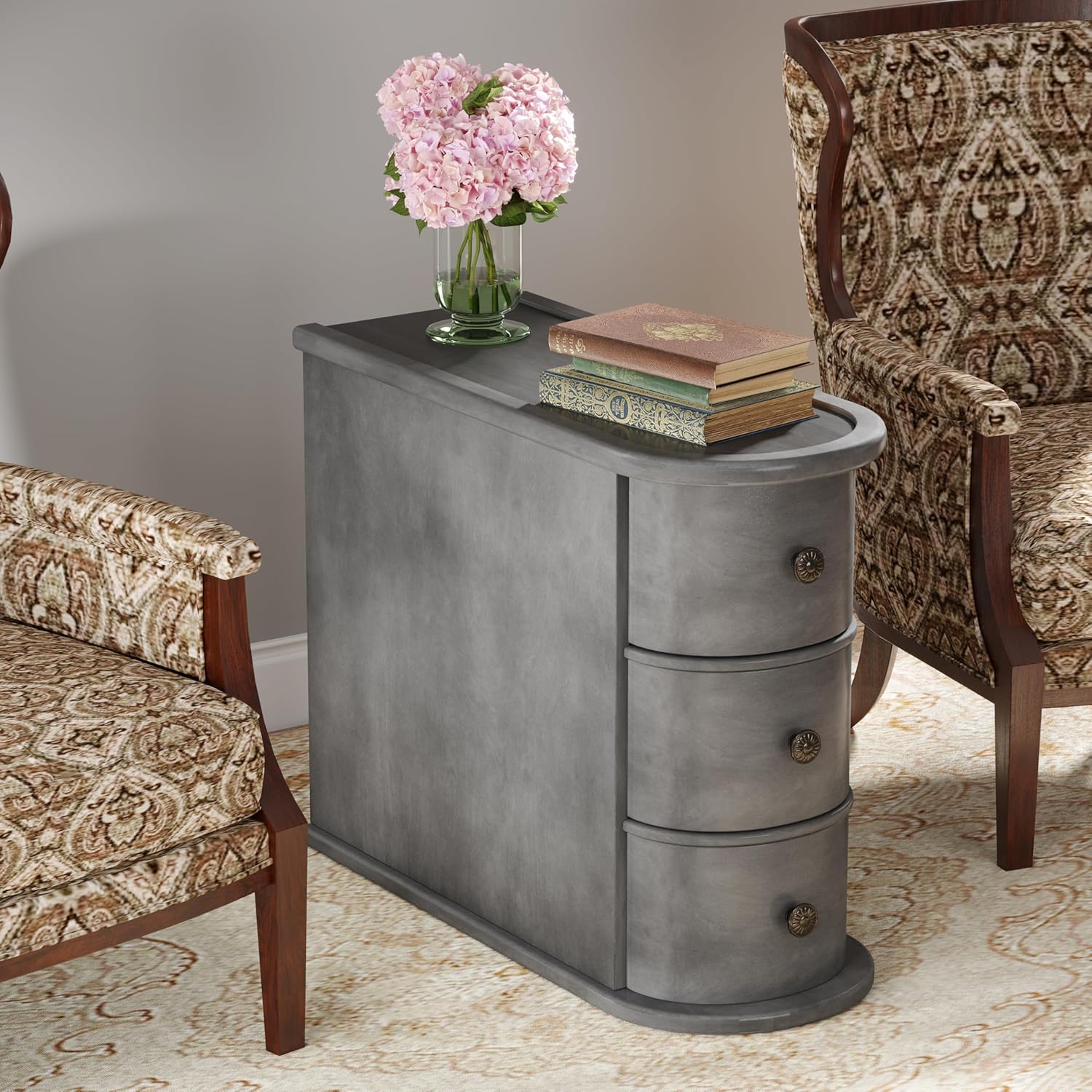 Wood End Table with 3 Drawers, No Assembly Required Narrow Sofa Side Table for Living Room, Vintage Slim Nightstand Bedside Table Bedroom (3 Drawers, Grey, 1Pc)