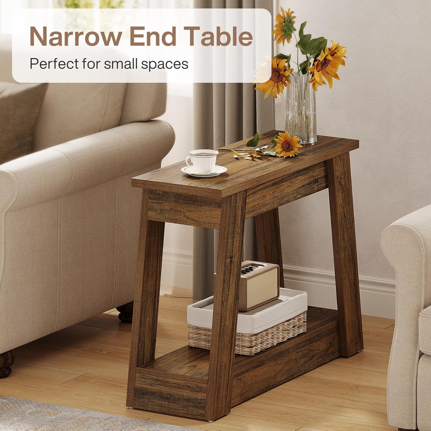 Tribesigns Wood End Table, Small Side Table with 2 Storage Shelves, Rustic Accent Narrow Nightstand for Living Room, Bedroom (1, Rustic Brown)