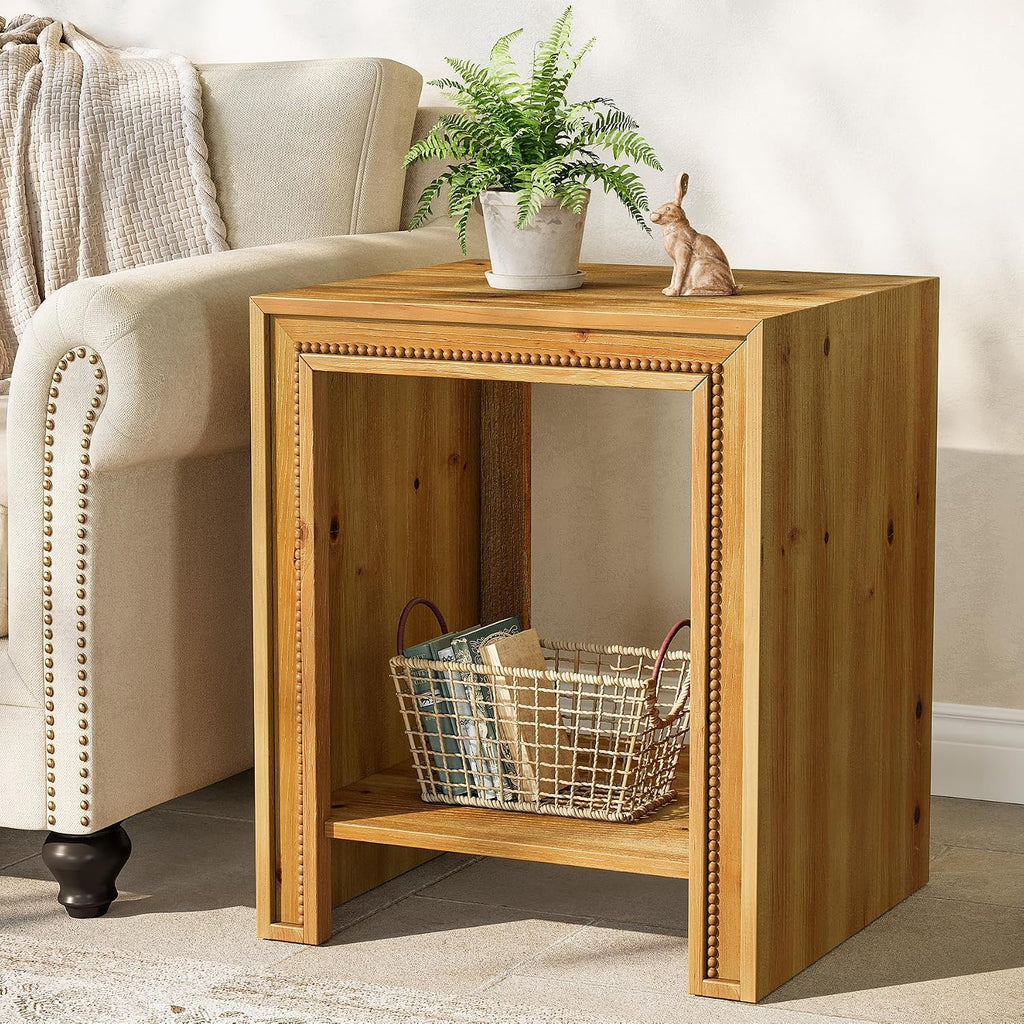 Solid Wood End Table, 2-Tier Farmhouse Side Table with Storage Shelves, Rustic Narrow Nightstand for Small Spaces, Living Room, Bedroom, Warm Brown (1)