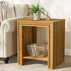 Solid Wood End Table, 2-Tier Farmhouse Side Table with Storage Shelves, Rustic Narrow Nightstand for Small Spaces, Living Room, Bedroom, Warm Brown (1)