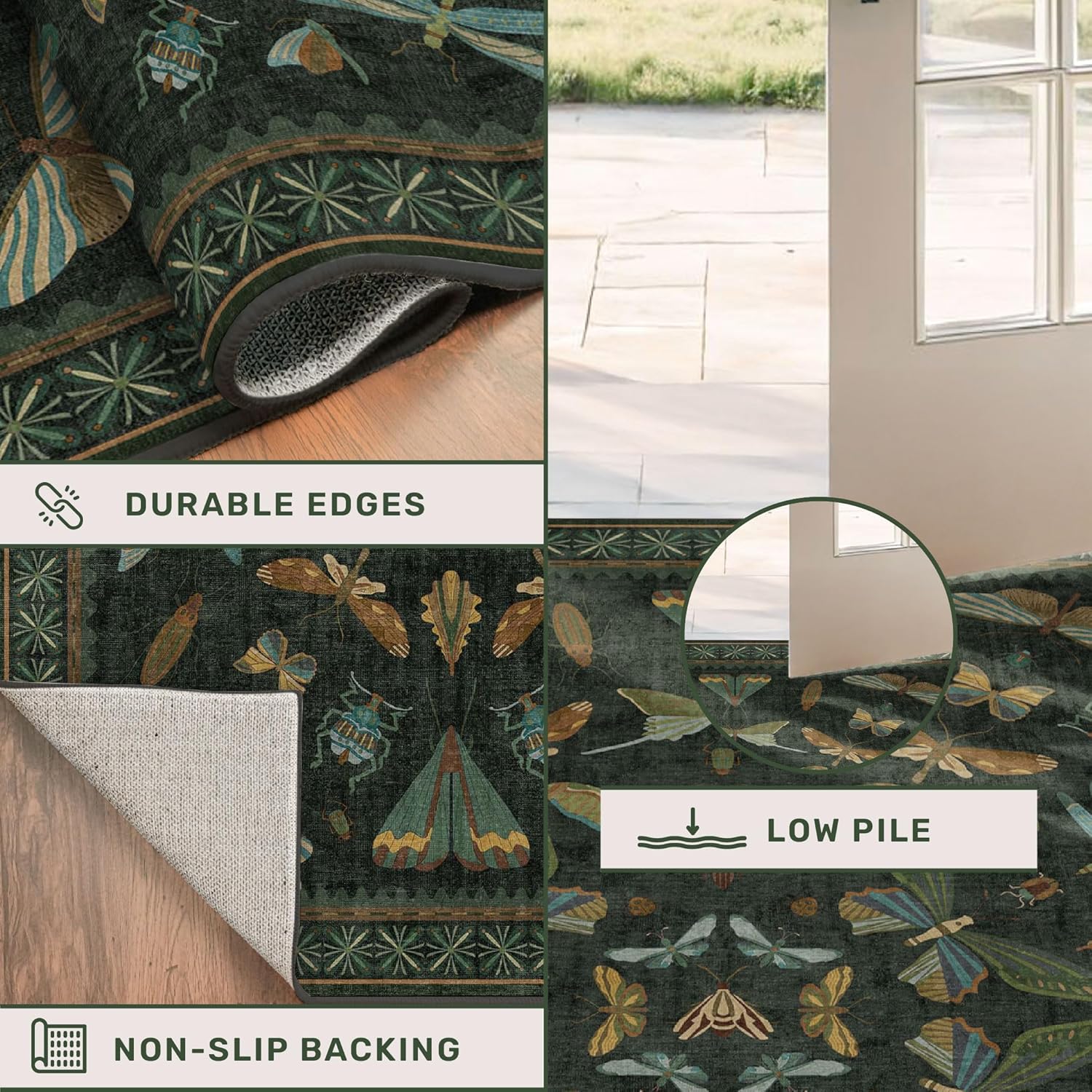 Hazo Haus 2x3 Entry Way Rugs Indoor - Dark Green Small Throw Rug for Kitchen, Bathroom, Insect Boho Design, Washable Non Slip Stain Resistant