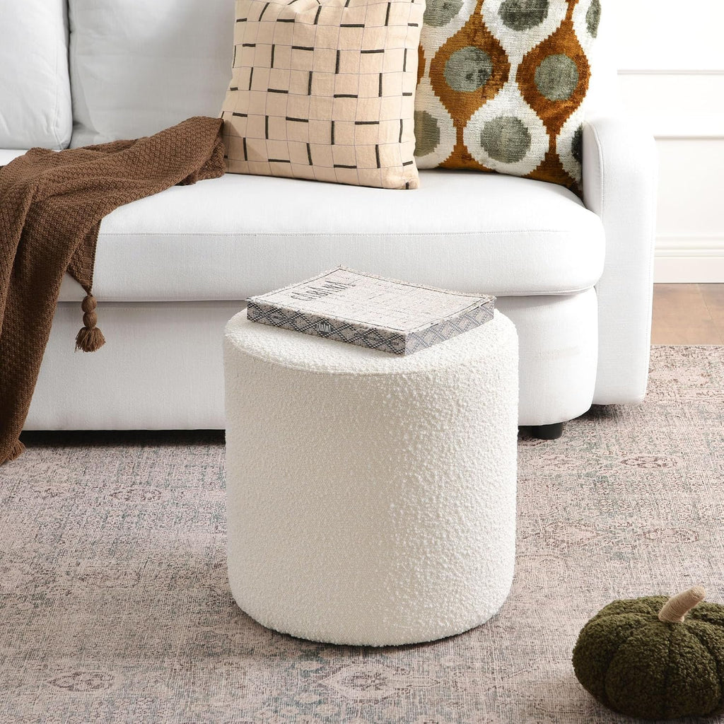 KINWELL Modern Round Boucle Upholstered Ottoman Set of 2, Multi-Functional Sofa Footrest, Side Table, Extra Seating for Living Room, Bedroom, Entryway (Cream White, 18" Dx 18" W x 18.3" H)