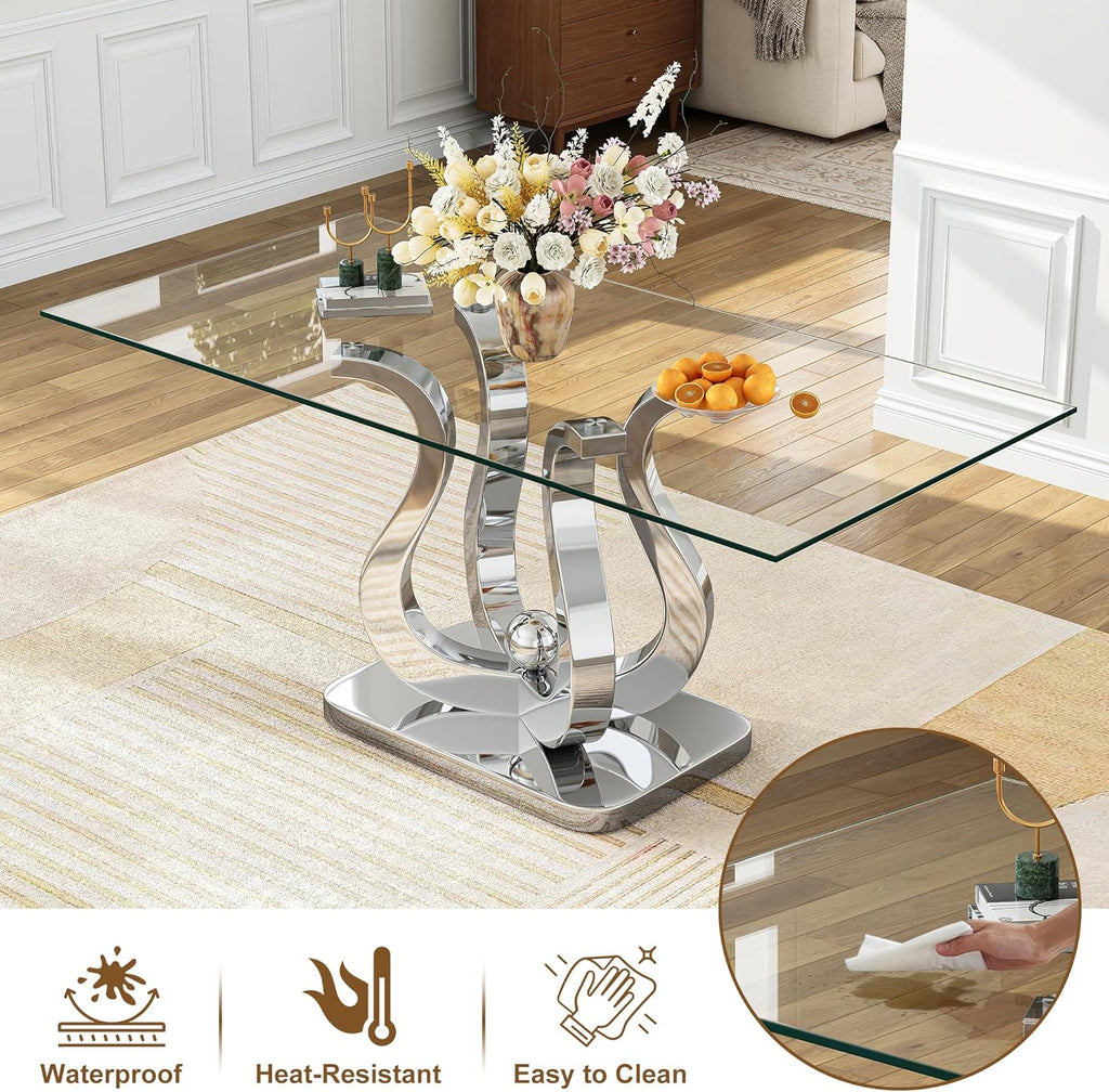 AF ARTISAN FURNITURE 69" Modern Tempered Glass Dining Table for 6-8, Rectangular Glass Kitchen Table with Mirror Stainless Steel Petal Base,Silver Dining Table for Dining Room, Apartment