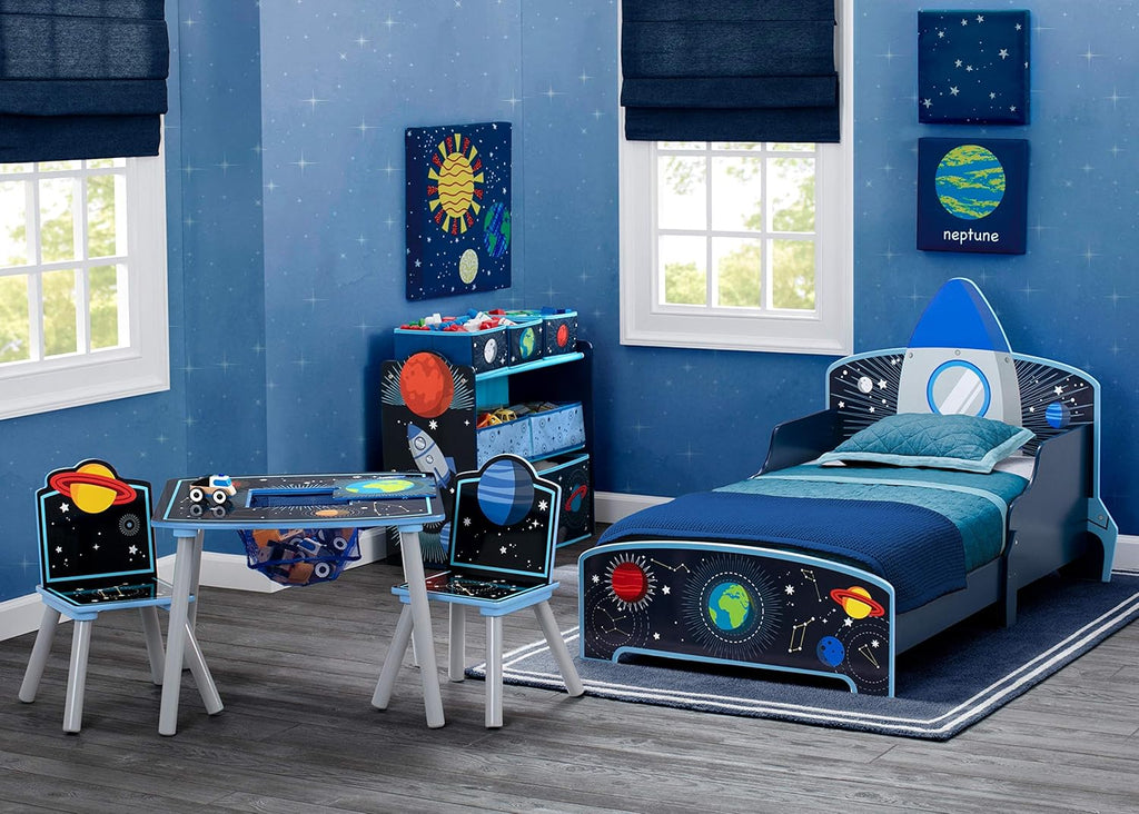 Delta Children Space Adventures Rocket Ship Wood Toddler Bed - Greenguard Gold Certified, Blue & Space Adventures Kids Upholstered Chair, Blue