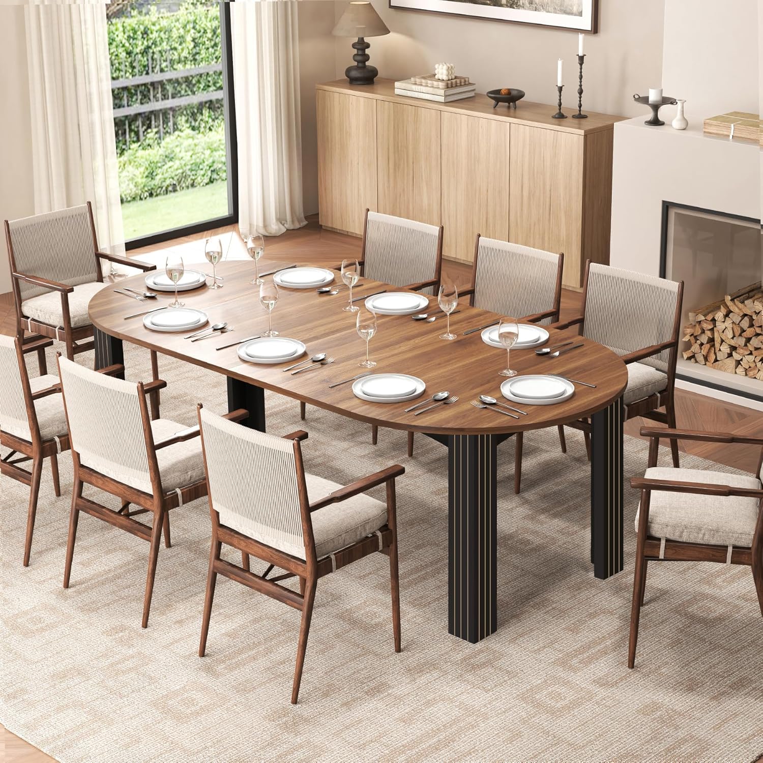 Epecoya Round Extendable Dining Table for 4-8 People, 43"-78" Wooden Oval Dining Room Table with Leaf Extension, Farmhouse Expandable Kitchen Table for Apartment, Living Room, Walnut Black