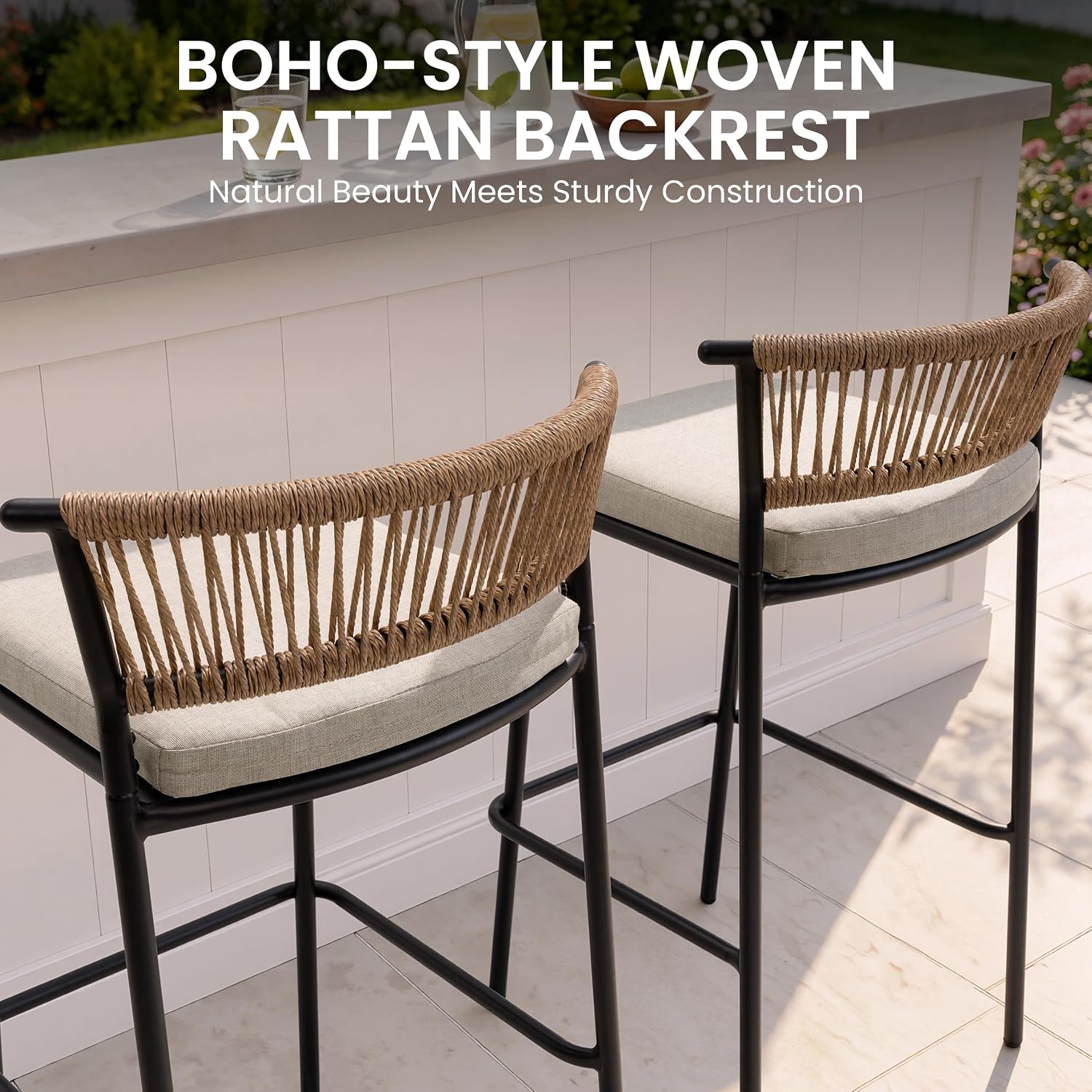 Crestlive Products Outdoor Bar Stools Set of 4, 26" Counter Height Stackable Modern Patio Bar Chairs with Rattan Back, for Garden Deck Pool Backyard
