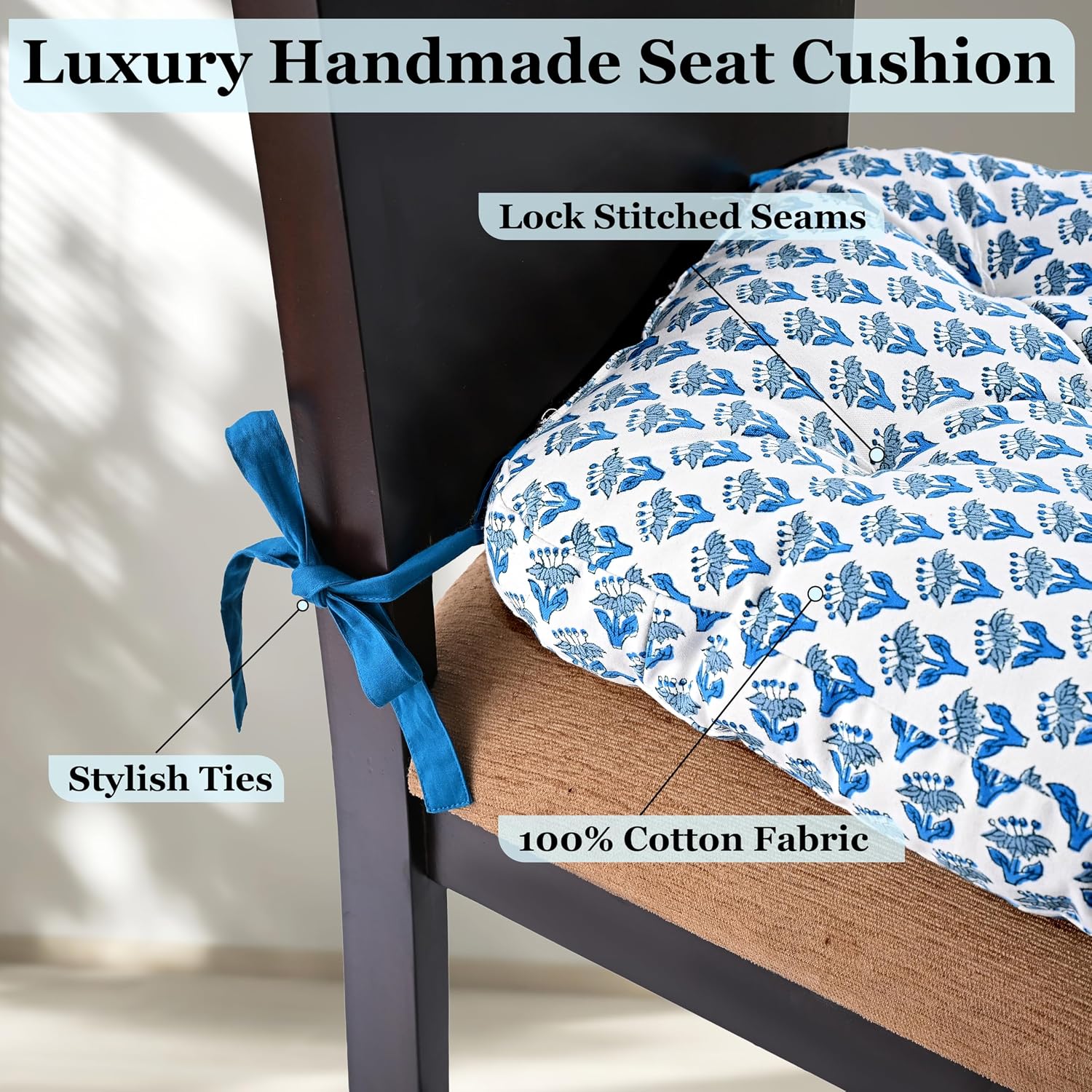 CPC Apatite Blue Hand Block Printed Cotton Chair Cushions Set of 2,Reversible Outdoor/Indoor Chair Pads for Kitchen, Dining Room, Office, Patio Chairs, 16"x15"x4"
