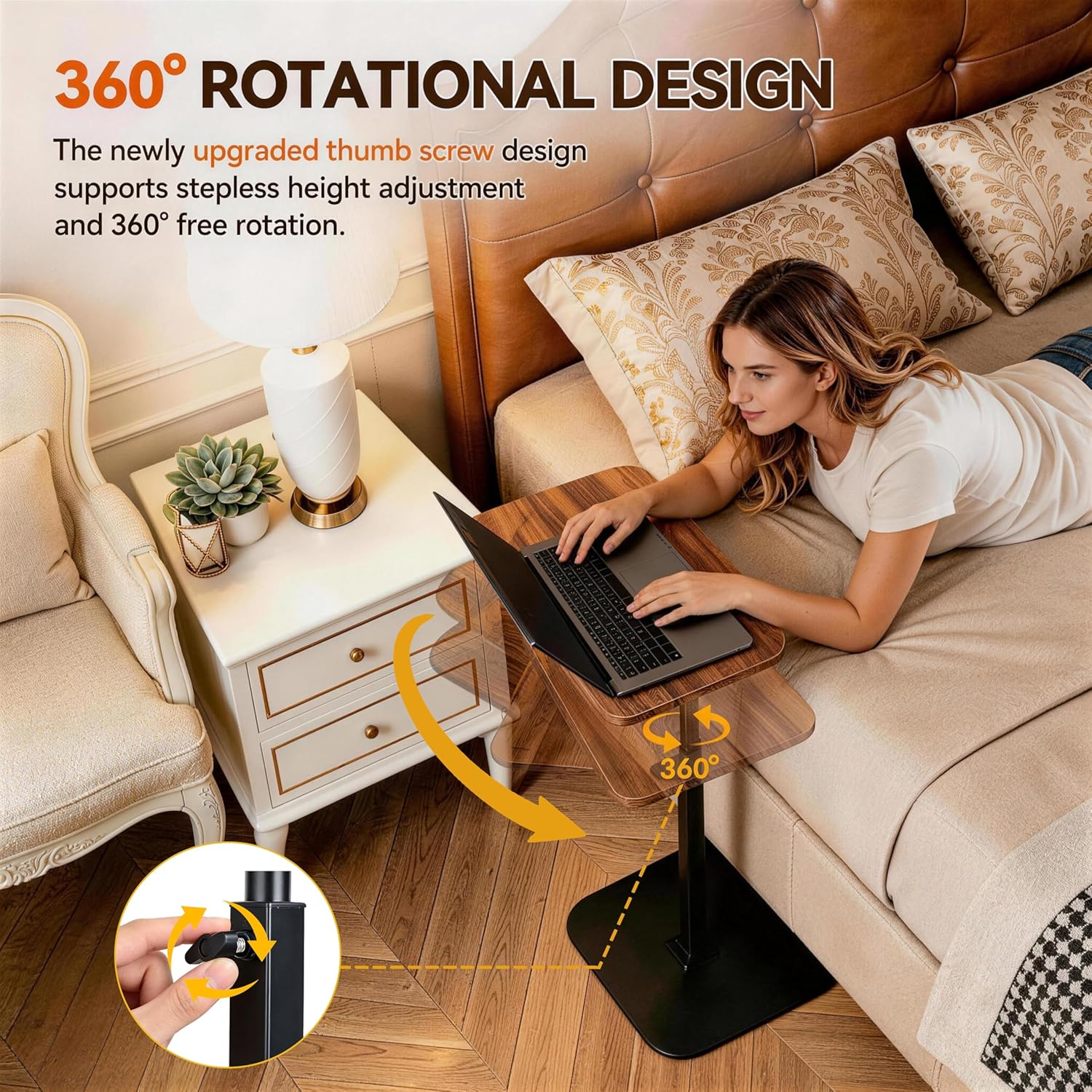 Adjustable TV Tray Table, 360° Swivel C-Shaped End Table that Slides Under Couch, Sofa, Bed, Recliner Chair, Small Side Table Desk for Laptop, Food Eating, Living Room, Bedroom, Small Spaces