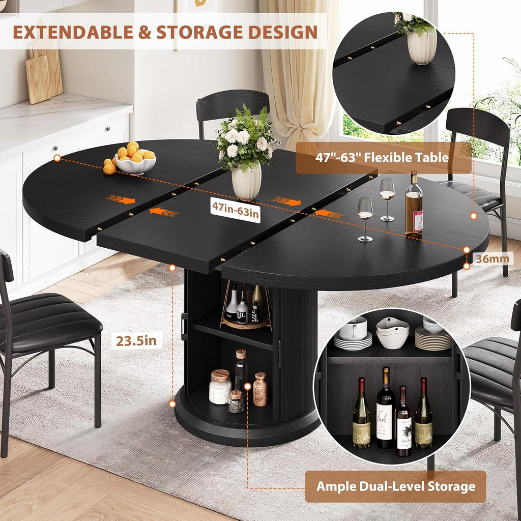 Jocoevol 47″–63″ Extendable Round Dining Table for 4–8 with Dust-Proof 2-Tier Storage Shelf Space-Saving Expandable Dining Room Table Wood Oval Circle Dining Table with Pedestal Base (Deep Black)