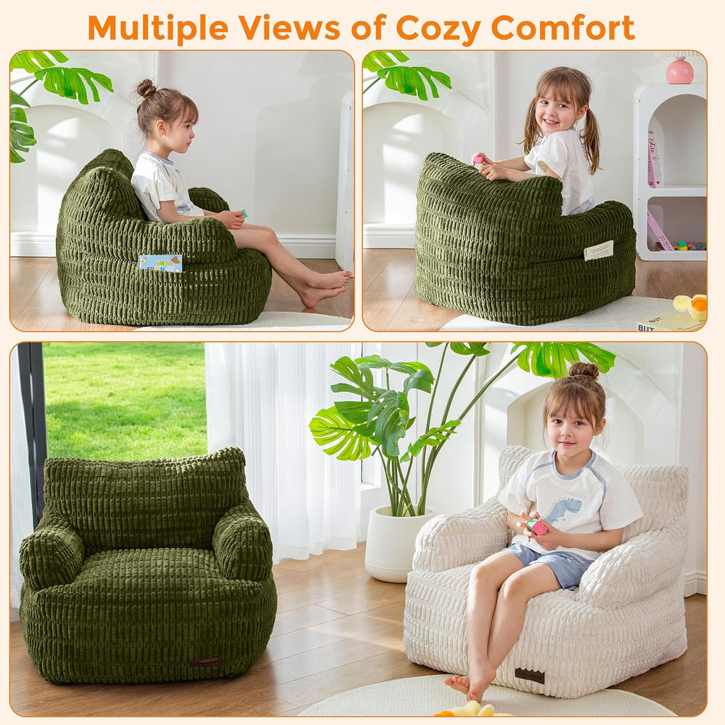 MAXYOYO Bean Bag Chair for Kids, Toddler Bean Bag Sofa with Armrest, Comfy Lazy Chair with Convenient Pockets, Floor Sofa with Filler for Gaming, Reading, Dark Green