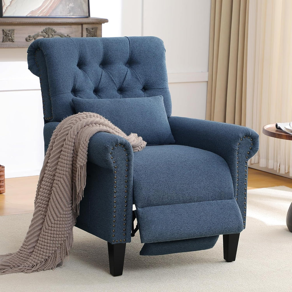 Pushback Recliner Chair, Accent Push Back Chair with Adjustable Footrest, Upholstered Linen Fabric Reclining Sofa with Side Pocket, Comfy Modern Armchair for Living Room, Navy Blue