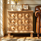 Traditional Geometric Textured Nightstand, 3 Drawer Solid Wood Bedside Table with Carved Front Panels, Rustic End Table for Bedroom Living Room, Apricot