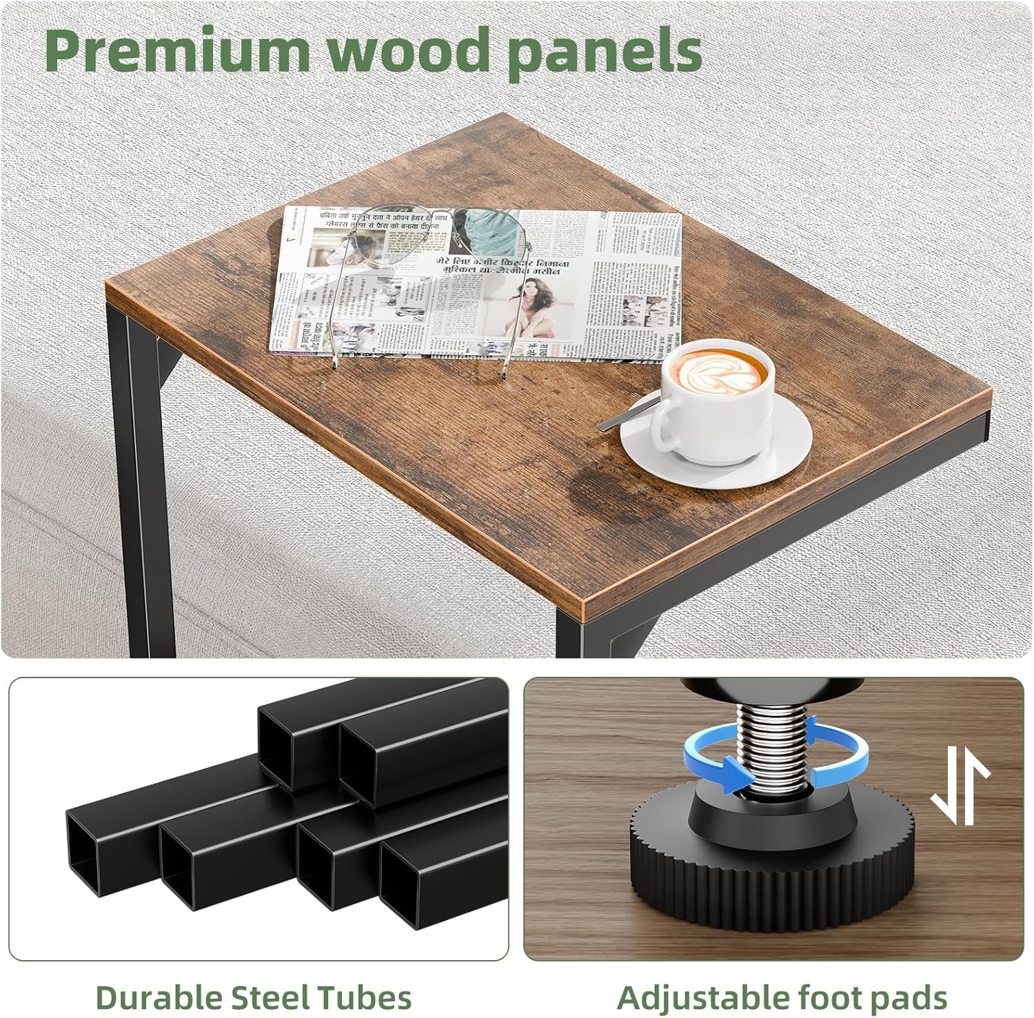 Simple Trending C Shaped End Table, Small Side Table, TV Trays for Couch, Sofa Table for Living Room, Bedside, Rustic Brown