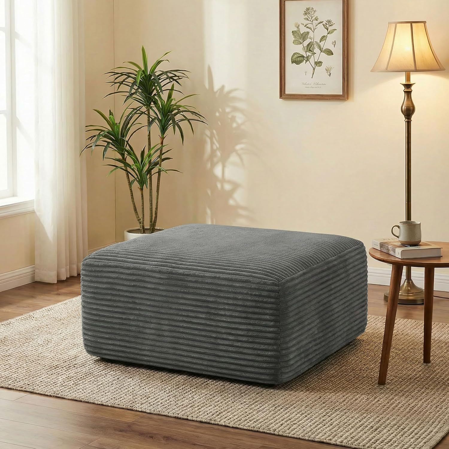 POEM PANDA 37" Modular Boneless Ottomans for Living Room, Grey Soft Plush Corduroy Small Ottoman Foot Stool, Multi-Use Otoman Foot Rest for Couch & Bedroom Ottoman Seat.
