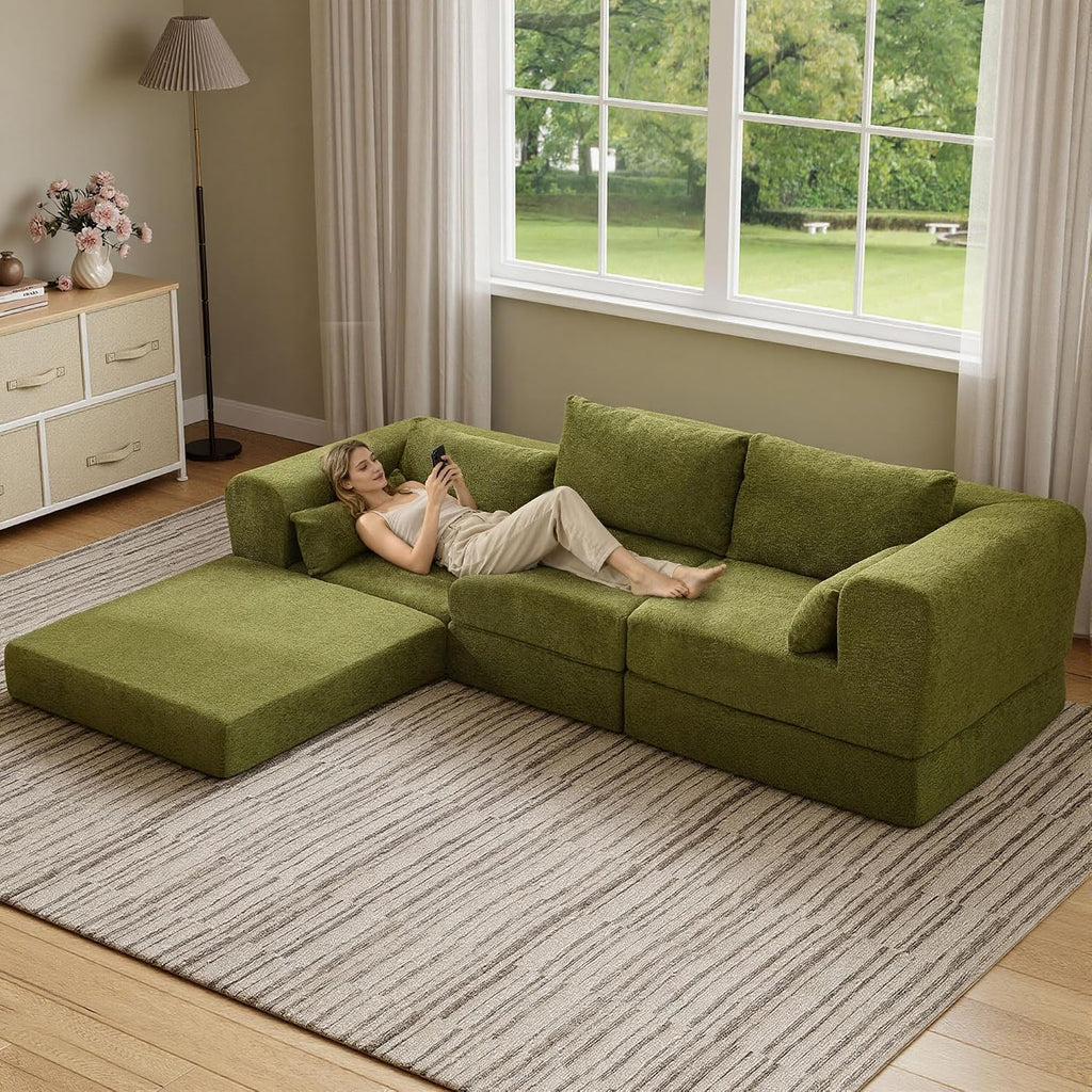 STHOUYN 106" Chenille Folding Convertible Sleeper Sofa Bed, Green Pull Out Floor Modular Couch with Pillow, Memory Foam Boneless Couchs Sectional for Living Room Bedroom (3, Green)