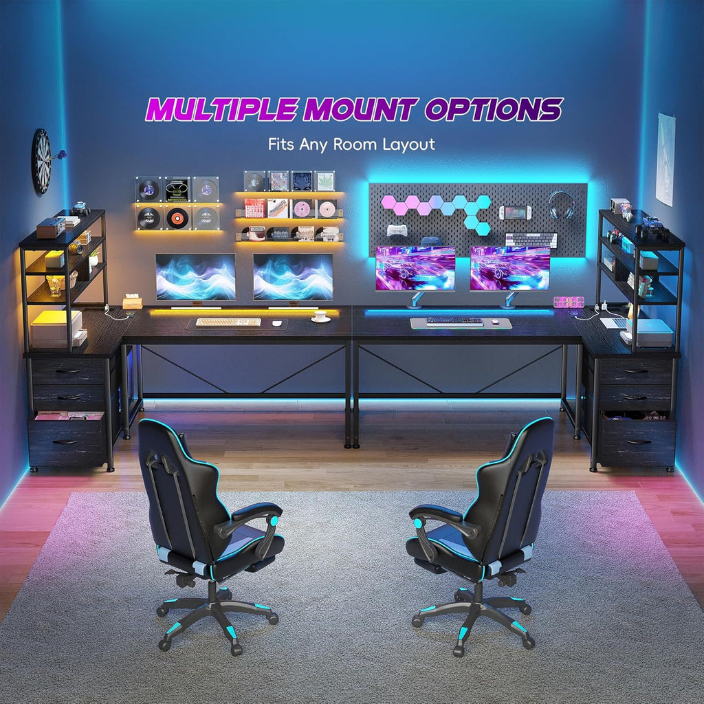 55''Gaming Desk L Shaped Desk with 3 Fabric Drawers & Shelves, Reversible Computer Desk with Remote LED Lights, Power Outlet and PC Stand of Home Office Desk for Bedroom,Dorm,Gaming Room,Black