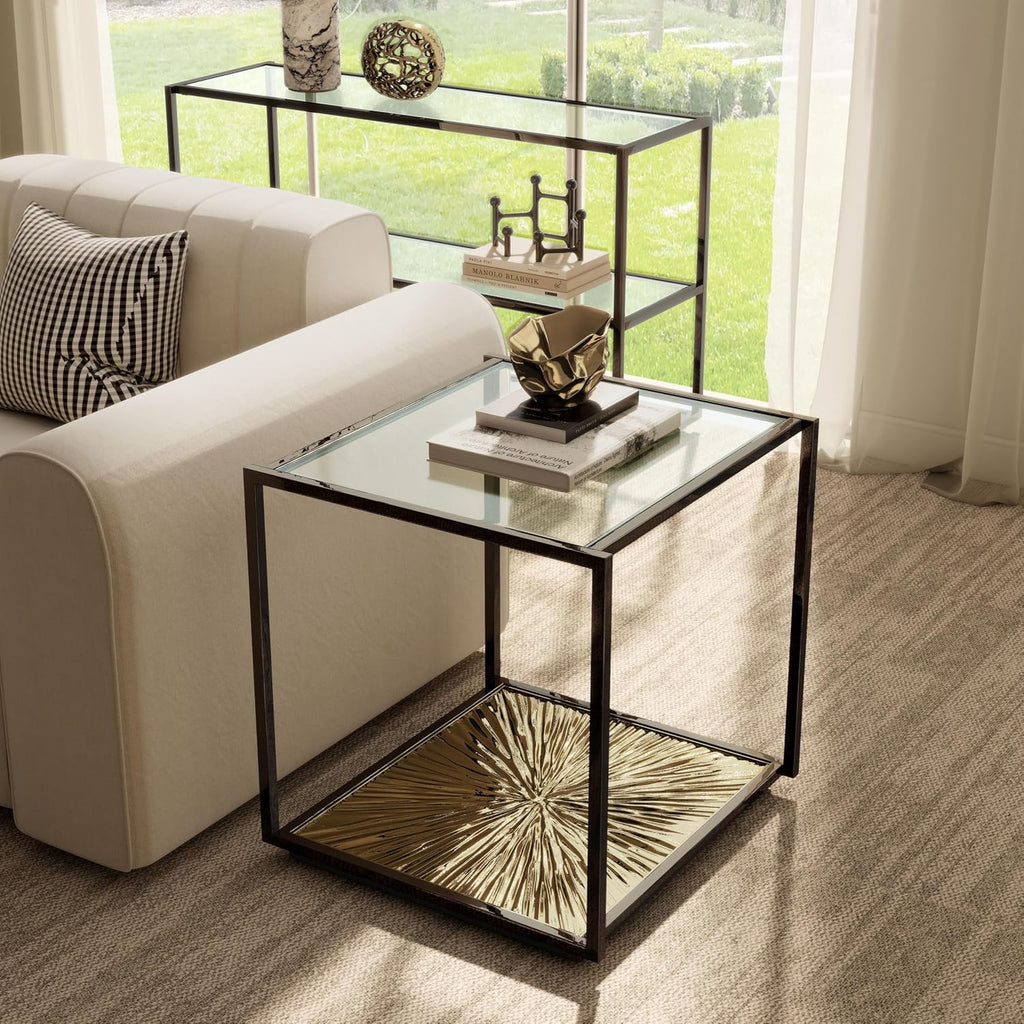 24/7 Shop at Home Aureum Modern 24-inch 1-Shelf Glass Top End Table with Sunburst Bottom Panel, Metal Frame for Living Room, Office, Antique Gold & Black