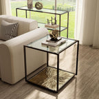 24/7 Shop at Home Aureum Modern 24-inch 1-Shelf Glass Top End Table with Sunburst Bottom Panel, Metal Frame for Living Room, Office, Antique Gold & Black