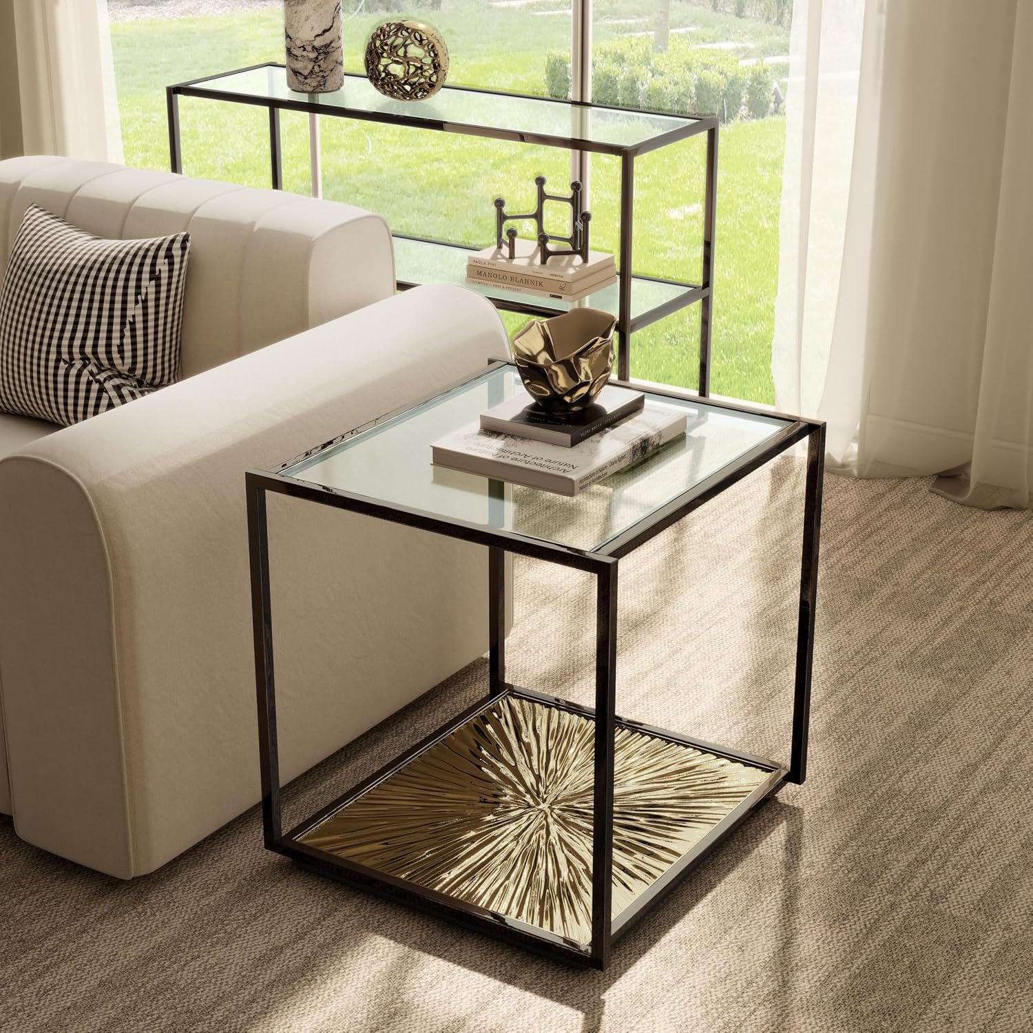 24/7 Shop at Home Aureum Modern 24-inch 1-Shelf Glass Top End Table with Sunburst Bottom Panel, Metal Frame for Living Room, Office, Antique Gold & Black