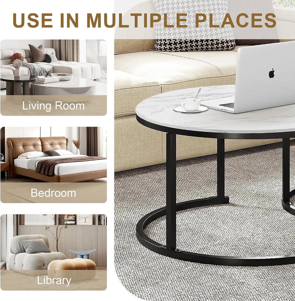 Nesting Coffee Tables Set of 2, 31.5" Round Coffee Table for Living Room, Marble Pattern Wooden Tabletop Black Sturdy Metal Frame Tables, Modern Bedroom Simple Nightstand Balcony Yard
