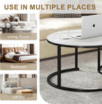 Nesting Coffee Tables Set of 2, 31.5" Round Coffee Table for Living Room, Marble Pattern Wooden Tabletop Black Sturdy Metal Frame Tables, Modern Bedroom Simple Nightstand Balcony Yard
