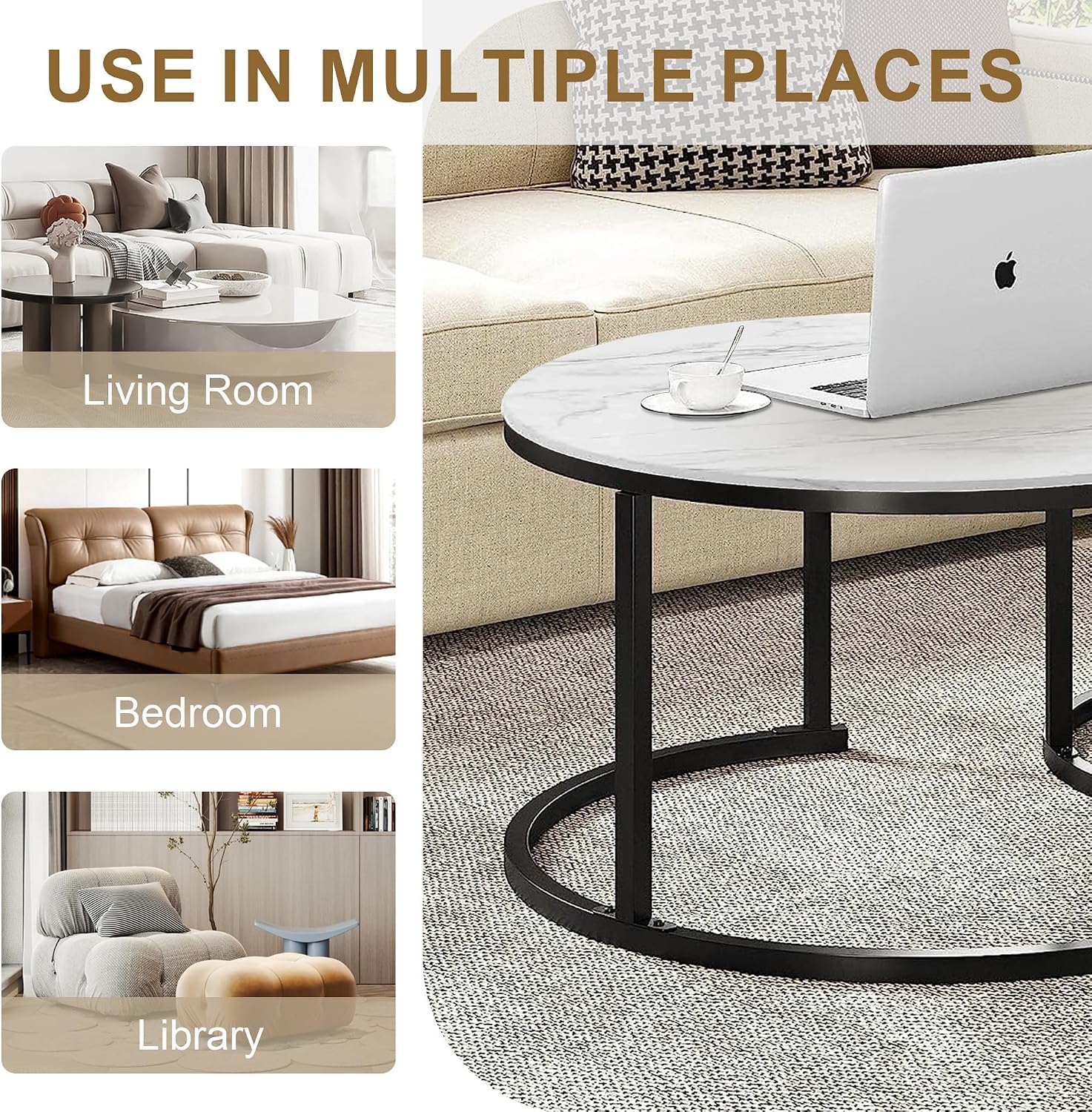 Nesting Coffee Tables Set of 2, 31.5" Round Coffee Table for Living Room, Marble Pattern Wooden Tabletop Black Sturdy Metal Frame Tables, Modern Bedroom Simple Nightstand Balcony Yard