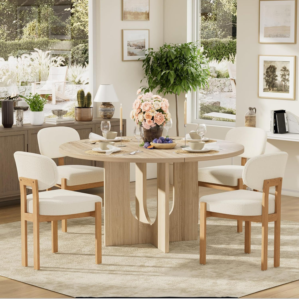 5-Piece Scandinavian Minimalist Round Dining Table Set, 47" Solid Wood Table with Sculpted Open Base + Beige Chenille Chairs for Kitchens & Dining Areas