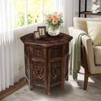 End Tables for Living Room– Hand Carved Vintage Boho Folding Side Tables for Small Spaces, Entryway, Living Room, Bedroom – No Tools Assembly, 18"x18" Octagon, Scorch Burnt Finish