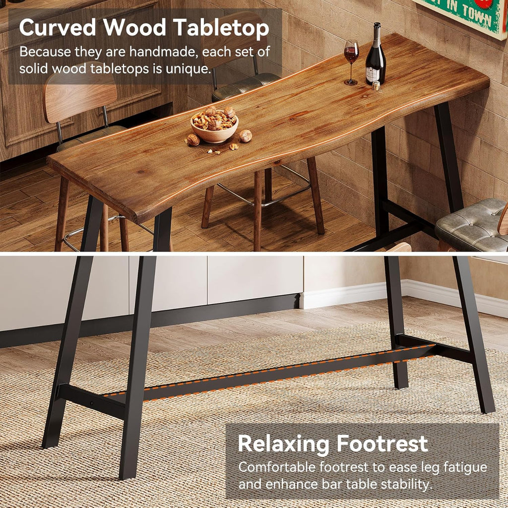 Solid Wood Bar Table, 55-Inch Counter Height Pub Table with Sturdy Metal Frame, Industrial Narrow Bar Table for Pub Kitchen Living Room, Rustic Brown