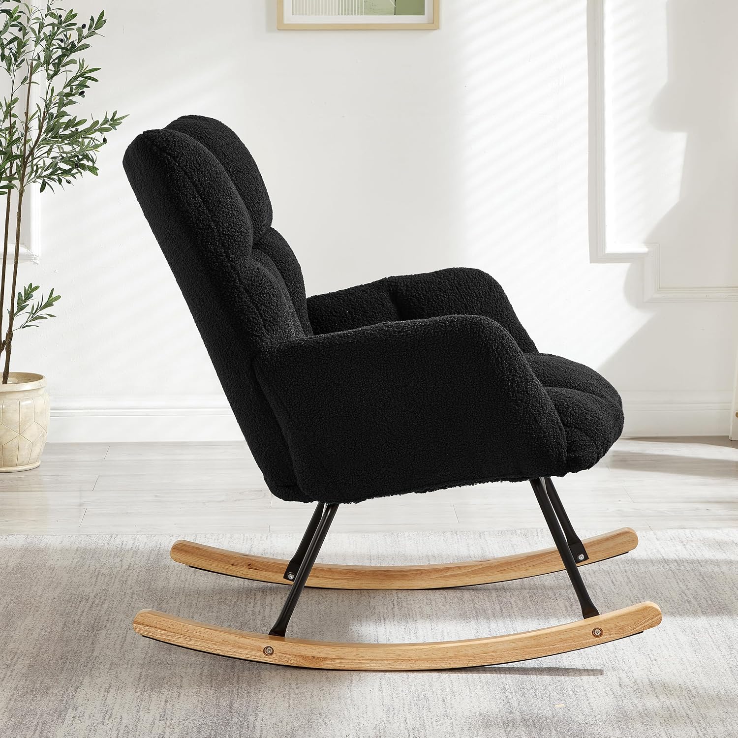 Glider Chair for Living Room, Teddy Upholstered Glider Rocker with High Backrest Armchair, Modern Rocking Accent Chairs Armchair Comfy Chair for Nursery Living Room Bedroom (Black)
