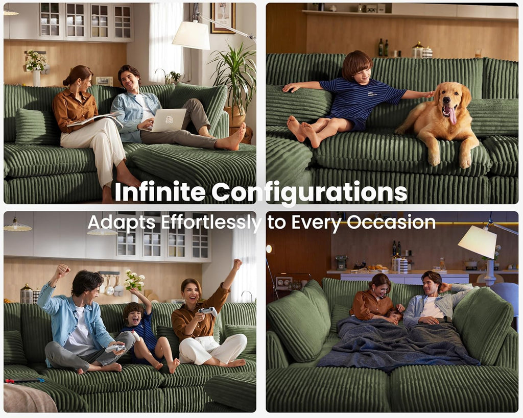 115" Oversized Corduroy Couch Modular Sectional Sofa, Washable Cloud Couch Sectional with 3 Ottoman, 6 Seater Sectional Couches for Living Room, Fully Cover Removable, Sleeper Sofa, Corduroy, Green