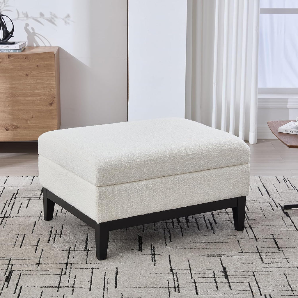 Setawix 33.86" Large Storage Ottomans for Living Room,Boucle Upholstered Ottoman Coffee Table with Tray,Mid Century Modern Ottoman Seat with Storage Footrest for Bedroom (Ivory+Black Legs)